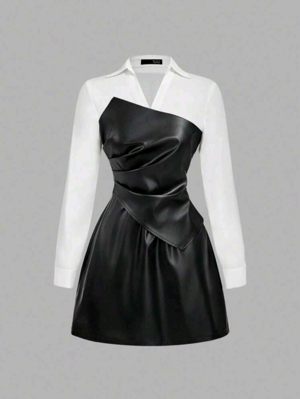 SHEIN Faux Leather Mixed Media Mini Dress White Collared Shirt Asymmetric L